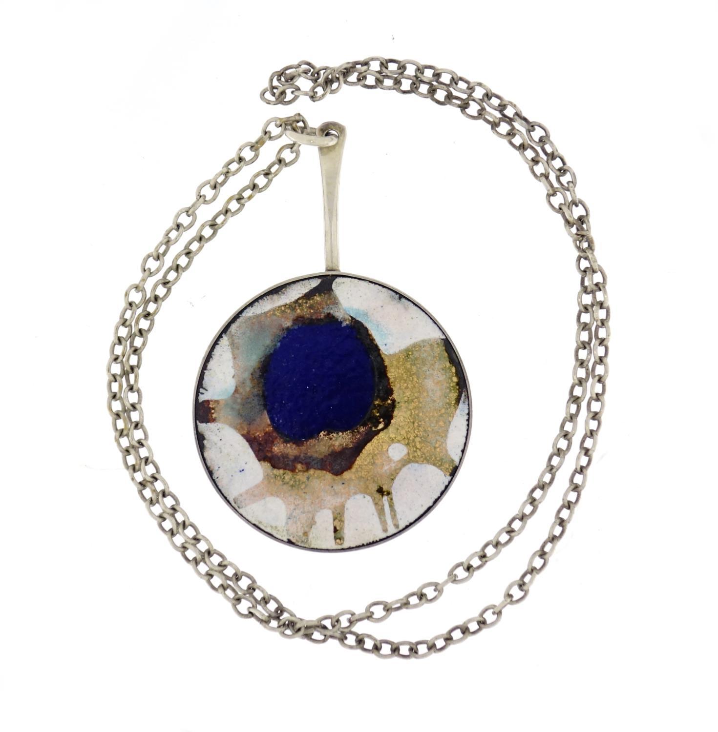 Danish silver and enamel pendant on chain by Borge Nielsen, the pendant 8.5cm in length : For