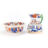 Early Victorian Masons ironstone jug and bowl decorated with flowers, the jug 24cm high : For