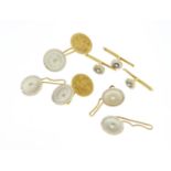 Set of 14ct gold mother of pearl and seed pearl cufflinks, studs and buttons, 16.2g : For Further