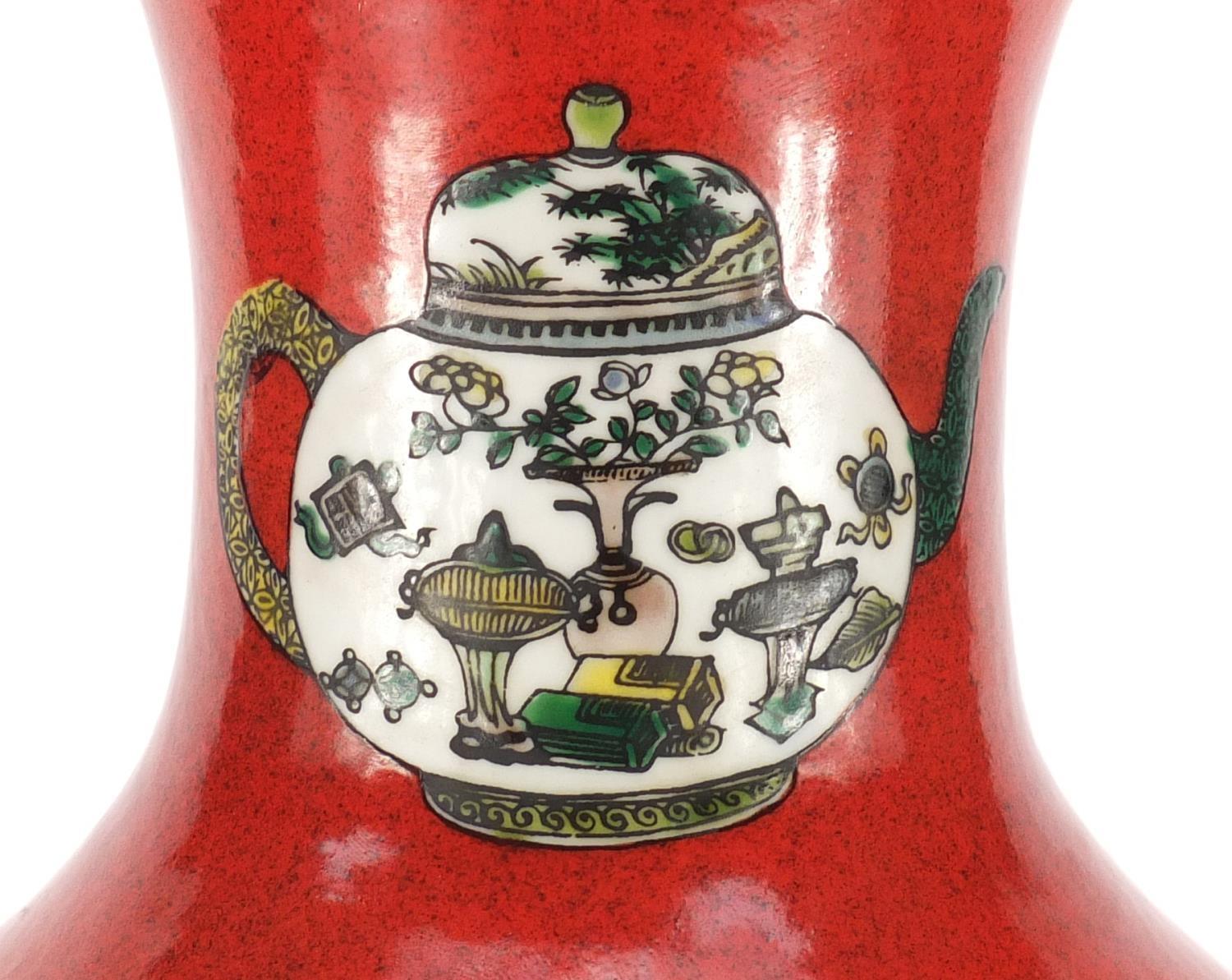 Chinese porcelain Rouleau vase, hand painted in the famille verte palette with vases, brush pot - Image 2 of 14