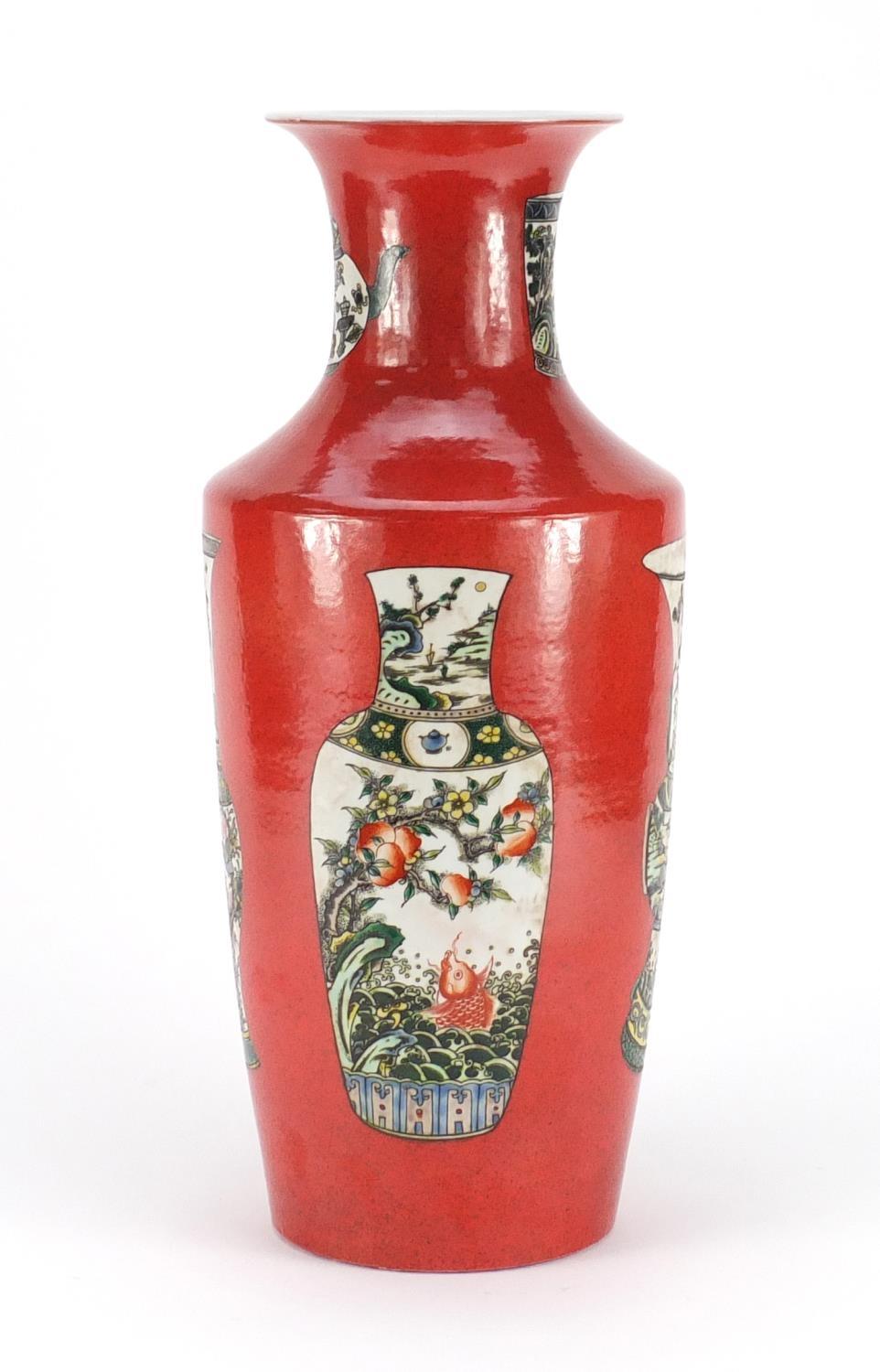 Chinese porcelain Rouleau vase, hand painted in the famille verte palette with vases, brush pot - Image 9 of 14