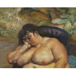 Portrait of a nude female in a chair, oil on board, bearing an inscription Freud verso, framed, 37cm