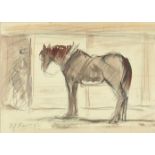 Horse in a stable, mixed media on paper, bearing an indistinct signature M M..., framed, 22.5cm x