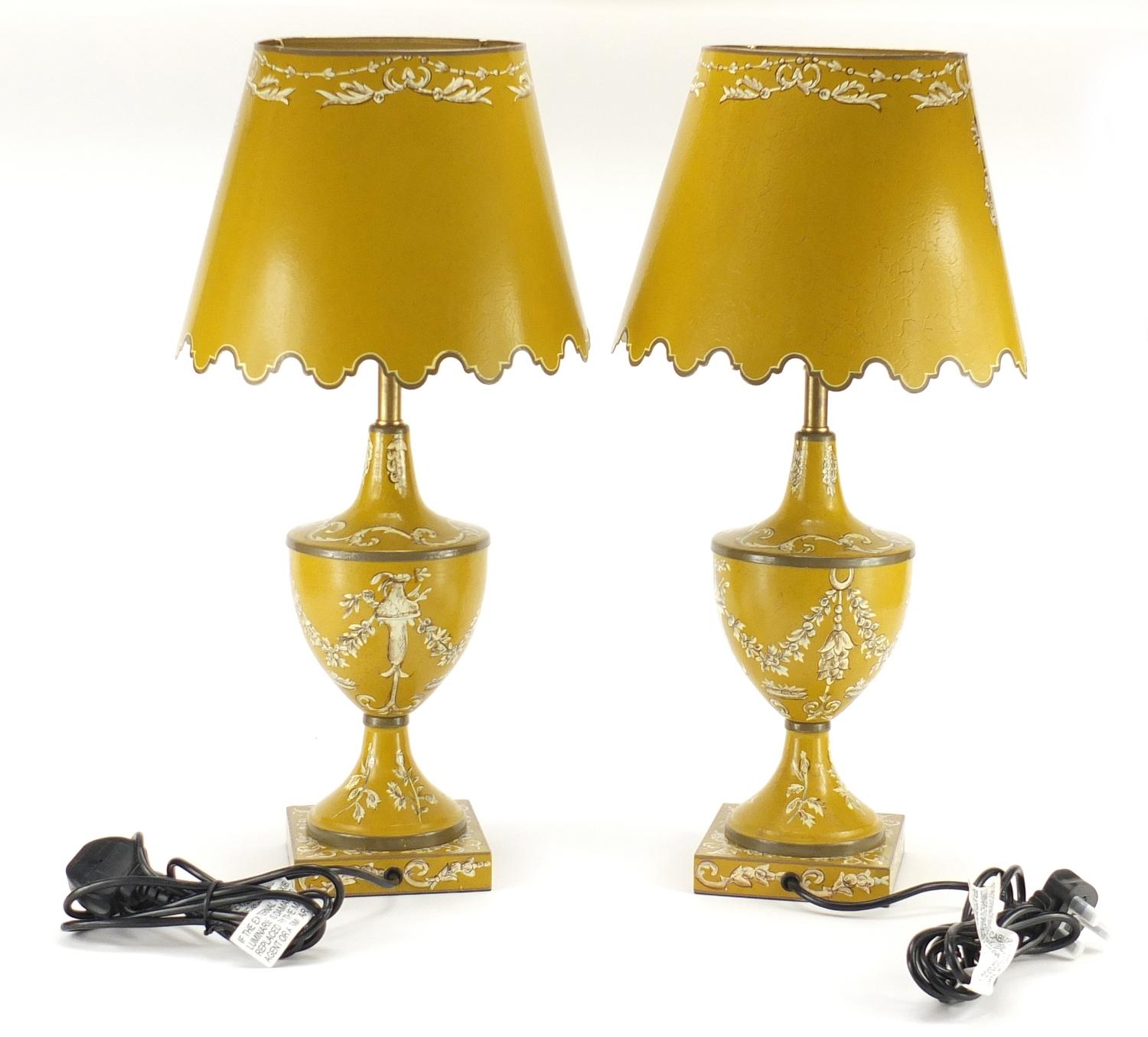 Pair of Toleware lamps with shades, each hand painted with panels of figures and foliate motifs, - Image 2 of 2