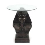 Bronzed Tutankhamun coffee table with glass top, 53cm high x 47cm in diameter : For Further