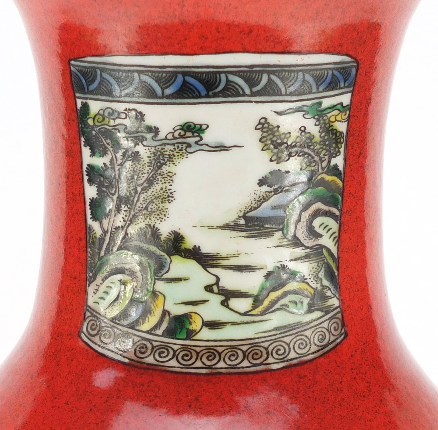 Chinese porcelain Rouleau vase, hand painted in the famille verte palette with vases, brush pot - Image 7 of 14