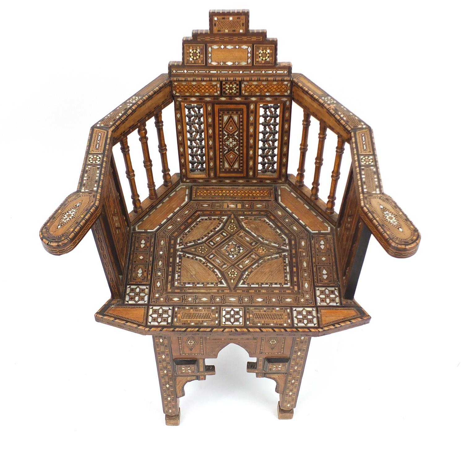 Moorish design elbow chair, with geometric parquetry inlay, probably Syrian, 88cm high : For Further - Image 3 of 4