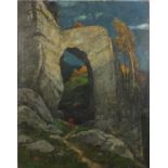 Figure by rocks in a landscape, oil on wood panel, bearing a signature W Bader, unframed, 62cm x