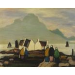 After Markey Robinson - Figures before buildings and water, Irish school oil on board, framed, 49.