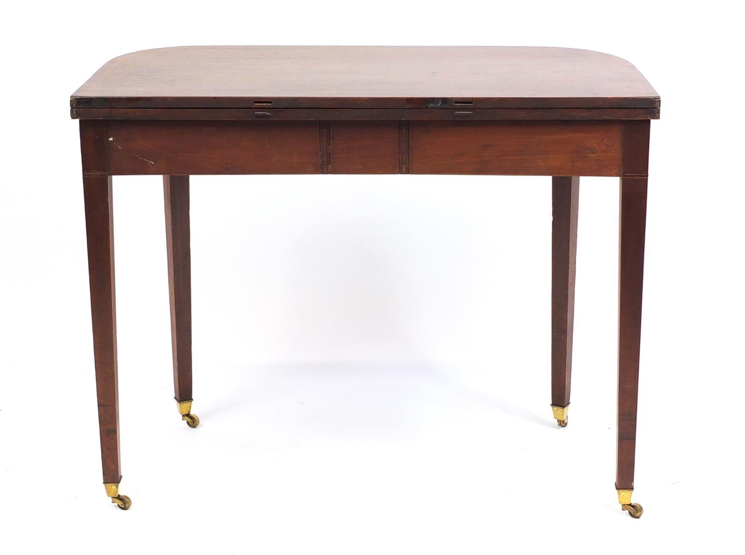 Edwardian inlaid mahogany fold over tea table, raised on tapering legs, 72cm H x 91cm W x 45cm D ( - Image 4 of 4