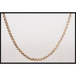 A hallmarked 9ct gold long belcher link necklace chain no clasp. Weight11.3g.  Measures 74cm long.