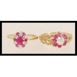 Two hallmarked 9ct gold ruby and diamond cluster rings, one having stylised foliate shoulders the