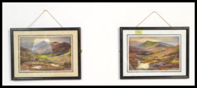 A pair of framed watercolour paintings of moorland scenes by mouth artist R. Hext. The paintings