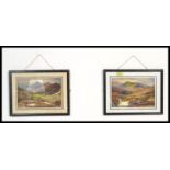 A pair of framed watercolour paintings of moorland scenes by mouth artist R. Hext. The paintings