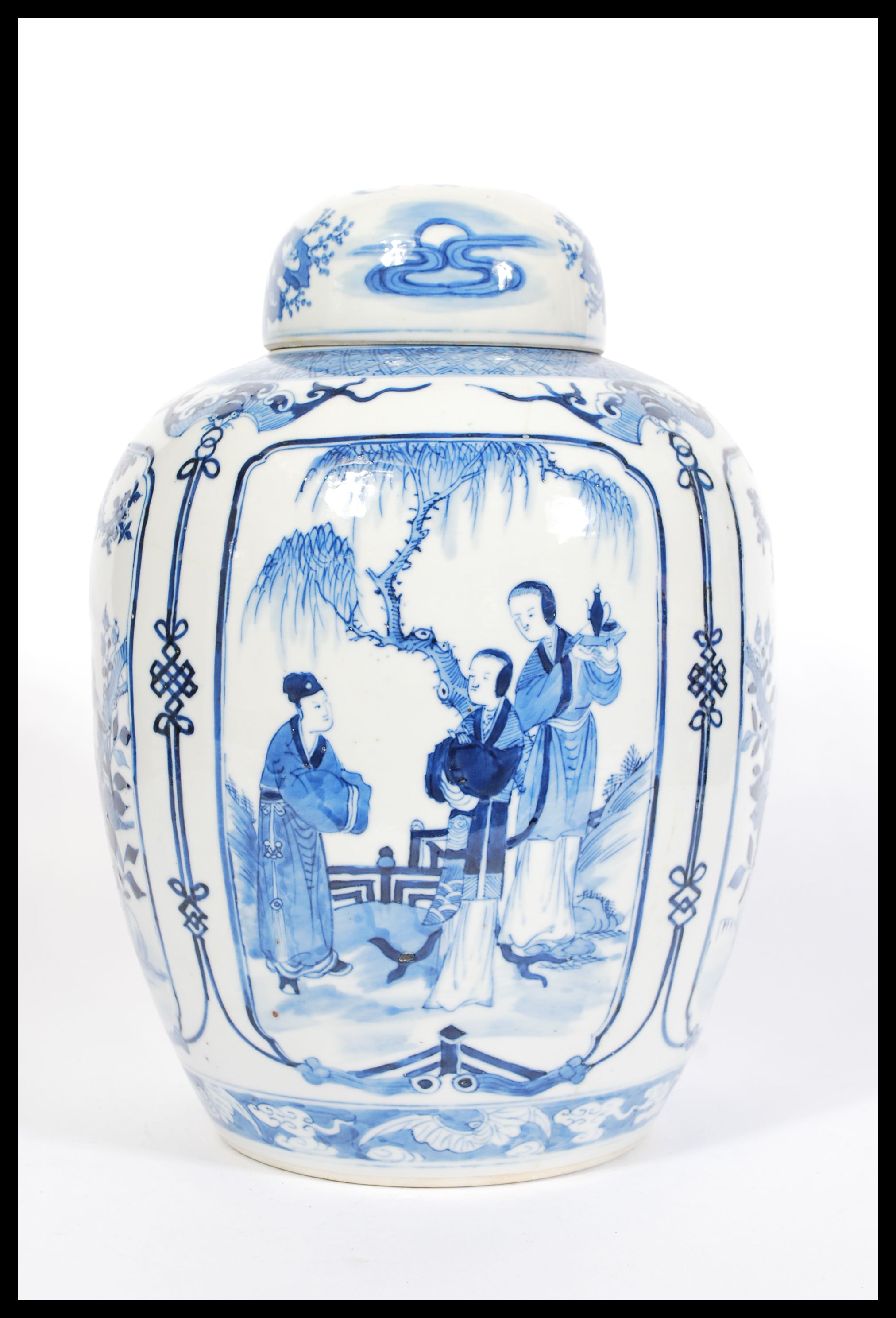 A large 19th century blue and white Chinese ginger jar with hand painted cartouche panels - Image 3 of 6
