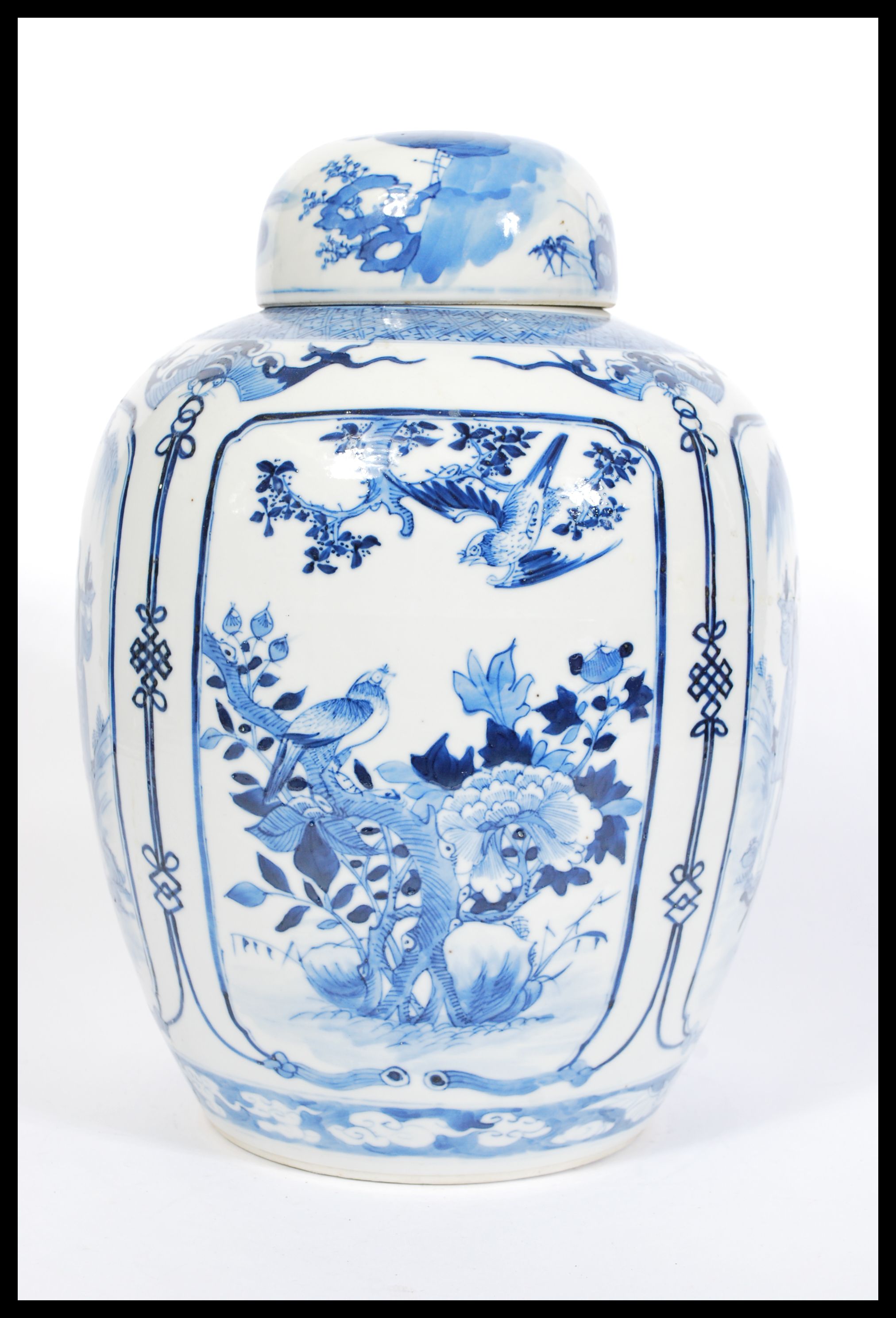 A large 19th century blue and white Chinese ginger jar with hand painted cartouche panels - Image 2 of 6