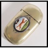 A silver plated vesta match case of hunting interest having an enamel cartouche depicting a