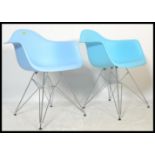 After Charles & Ray Eames - DAW Chairs - two contemporary bucket / dining chairs / armchairs. The