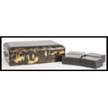 A 19th Century Chinese black lacquered casket having hand gilded decoration of domestic scenes,