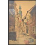A 20th Century print of a pastel drawing by Erich Nikutowski depicting a street of a German town