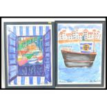 A pair of vintage retro 20th Century oil paintings depicting tug boats one entitled Tugs and the
