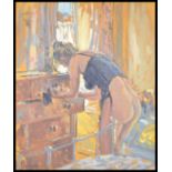 Ian Cryer PROI (Bn 1959)  A 20th century  oil on canvas painting of an erotic scene, semi-dressed