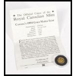Royal Canadian Mint - Canada's 1994 gold maple leaf 2 Dollars coin, 24 carat gold 1/15oz, in capsule