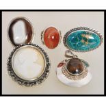 A group of sterling silver large agate stone jewellery to include a carnelian ring, blue moss