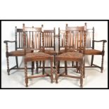 A set of six early 20th Century circa 1940 oak barley twist rail back dining chairs, the set