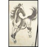 A Chinese print of a horse being framed and glazed having character marks to the corner. Framed