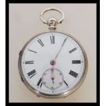 A 19th century Victorian silver hallmarked  pocket watch having a fusee movement. The white enamel