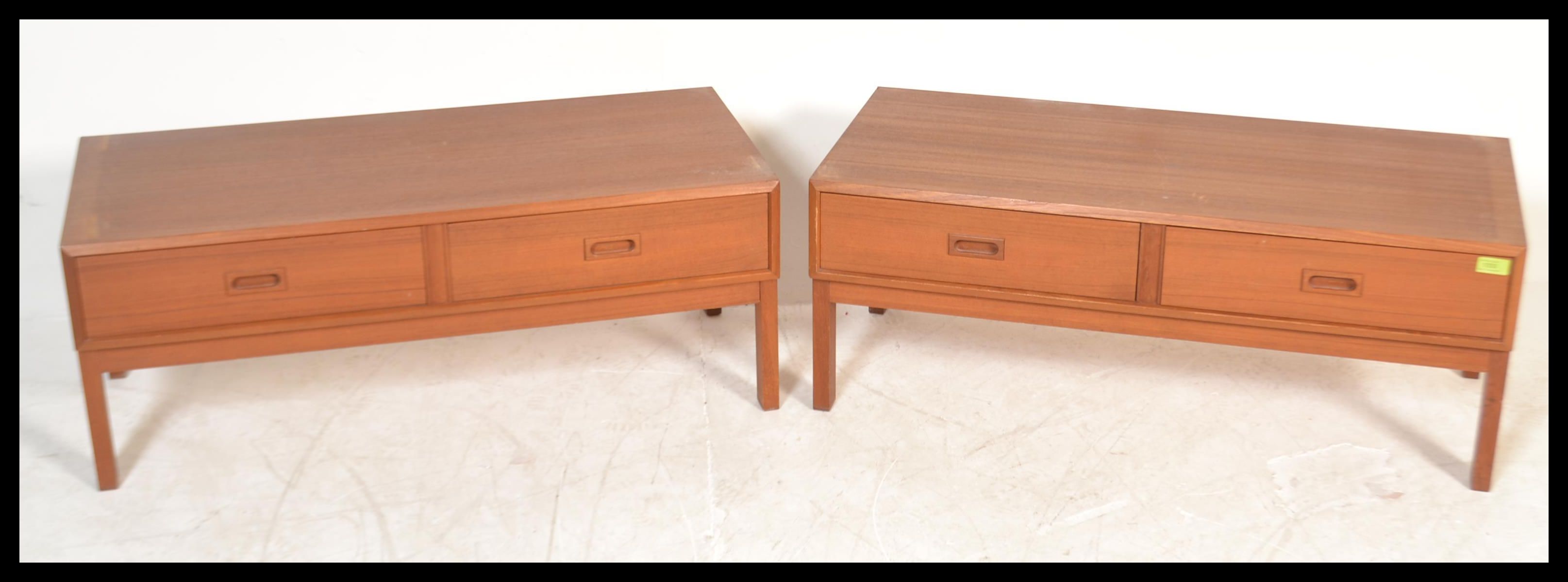 A pair of matching retro 20th Century teak wood Danish inspired low cabinets, each cabinet having - Image 2 of 5