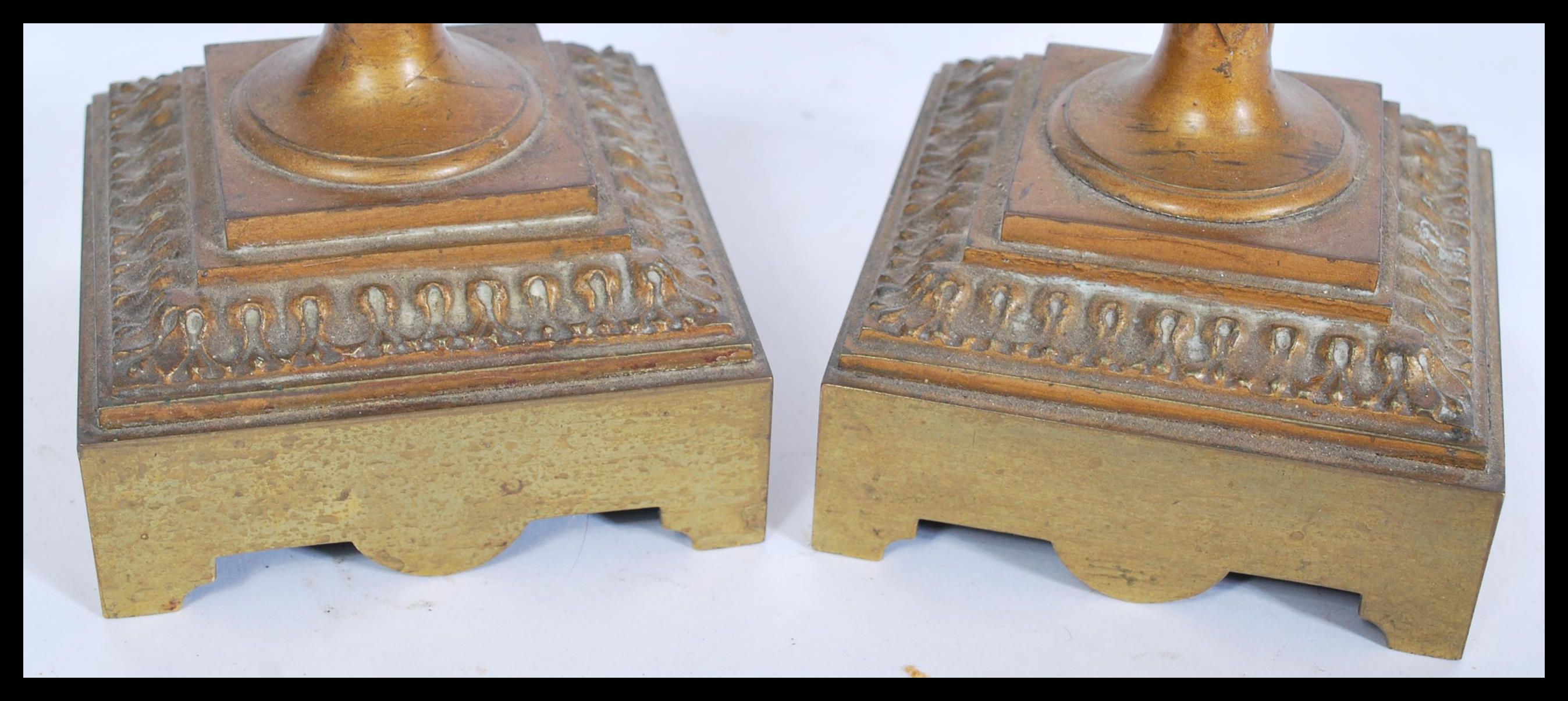 A pair of 19th century bronze urns raised on square bases with decorations of swags and ribbons with - Image 8 of 9