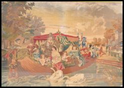 A large 19th century framed wall mounted tapestry needlepoint depicting a Royal Barge with court