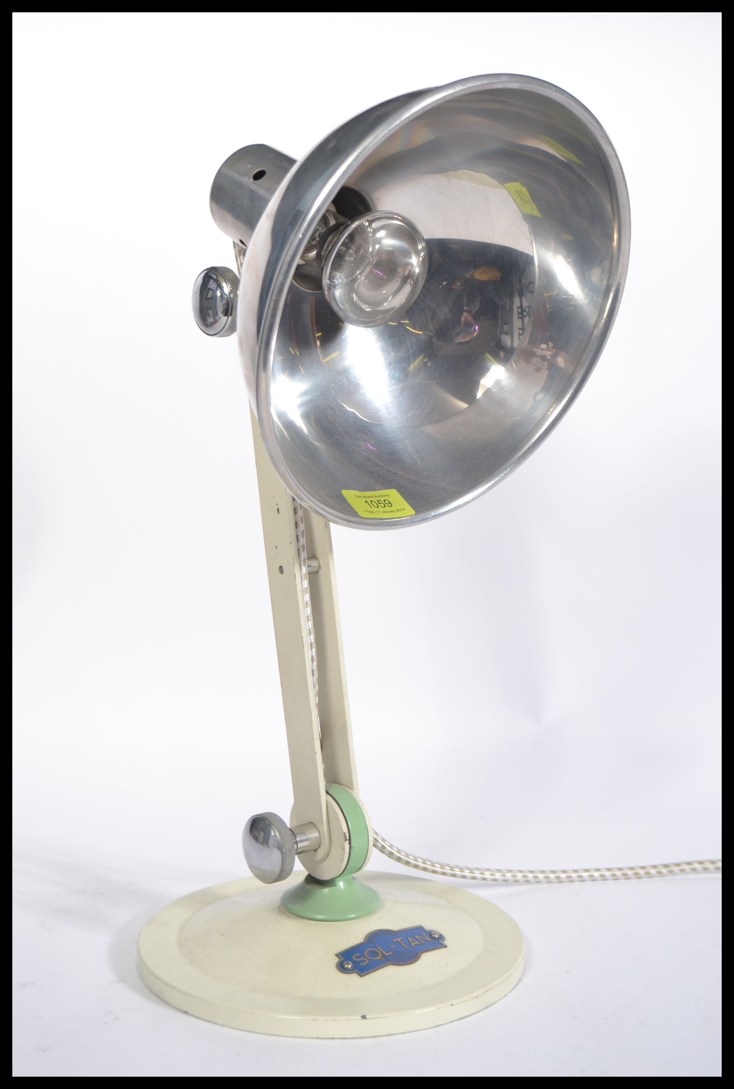 A vintage retro 20th Century two tone enamel heat lamp, converted and rewired in to a desk lamp, the