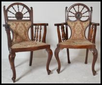A matched pair of 19th century believed teak wood salon carver armchairs possibly from a ship /