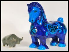 A vintage retro 20th Century studio pottery large blue pottery horse in the manner of Bitossi