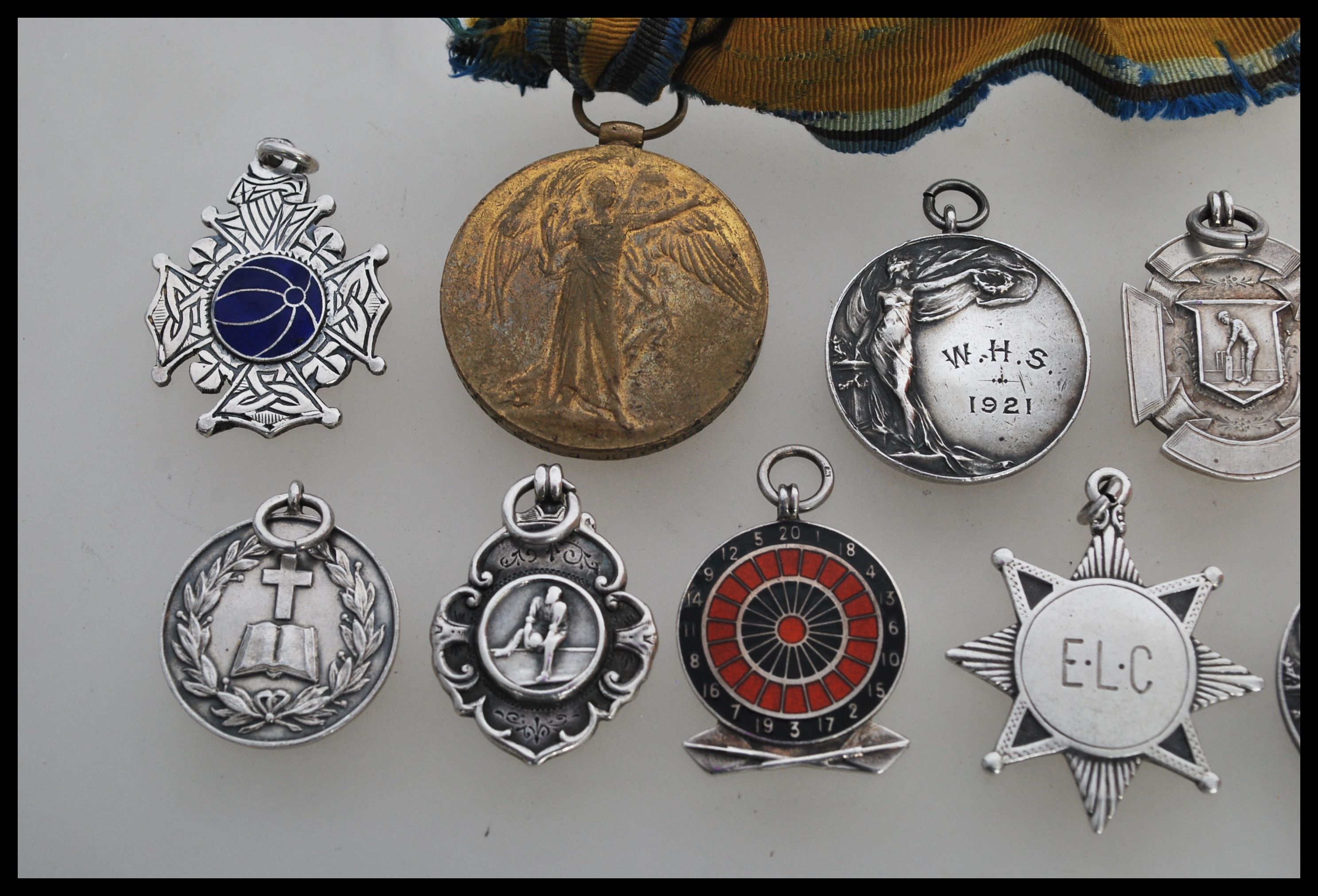 A group of nine silver hallmarked pocket watch albert chain fob medals along with a brass and enamel - Image 2 of 4