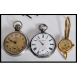 A selection of pocket watches to include an open face Ingersoll watch with arabic numerals to the