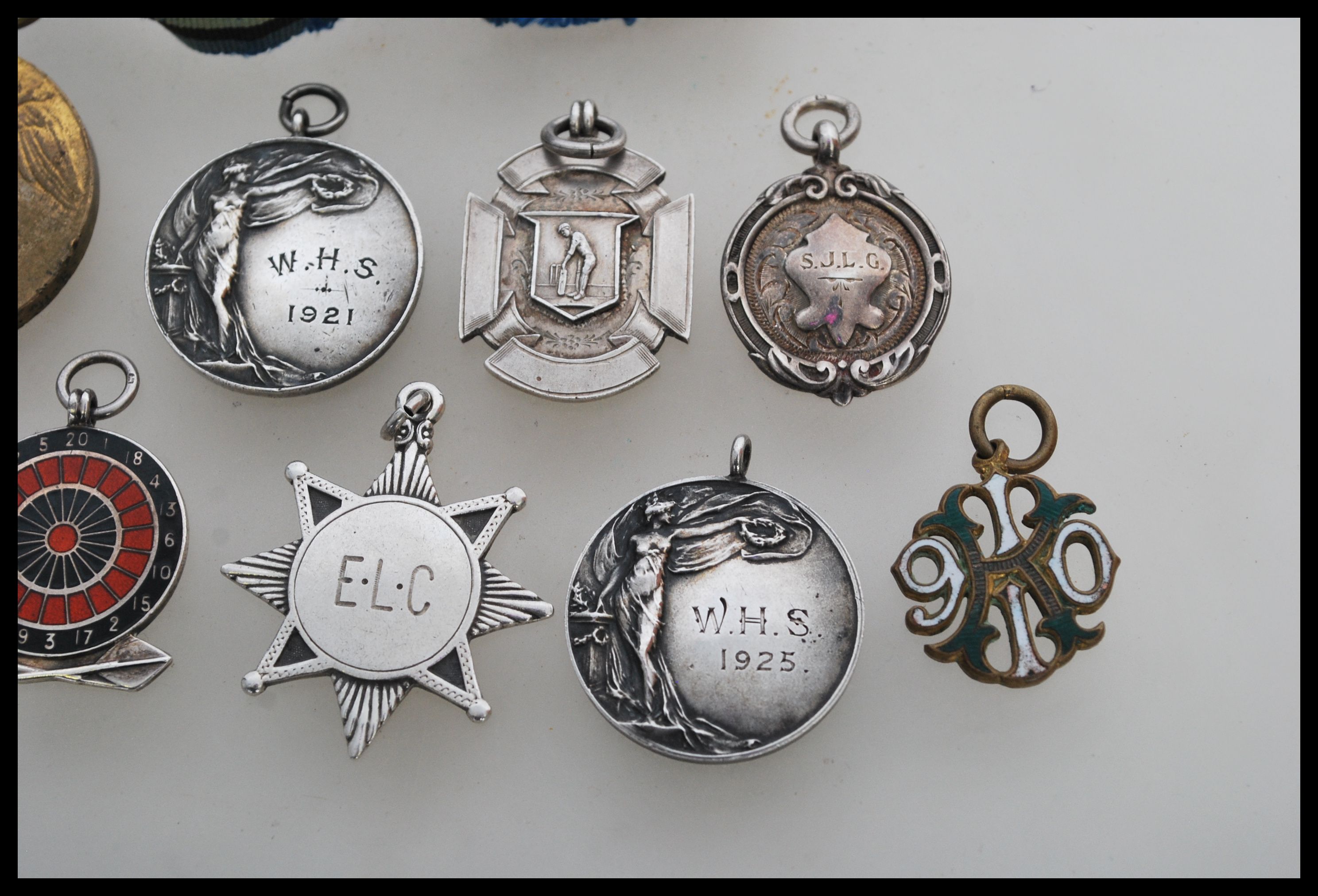 A group of nine silver hallmarked pocket watch albert chain fob medals along with a brass and enamel - Image 3 of 4