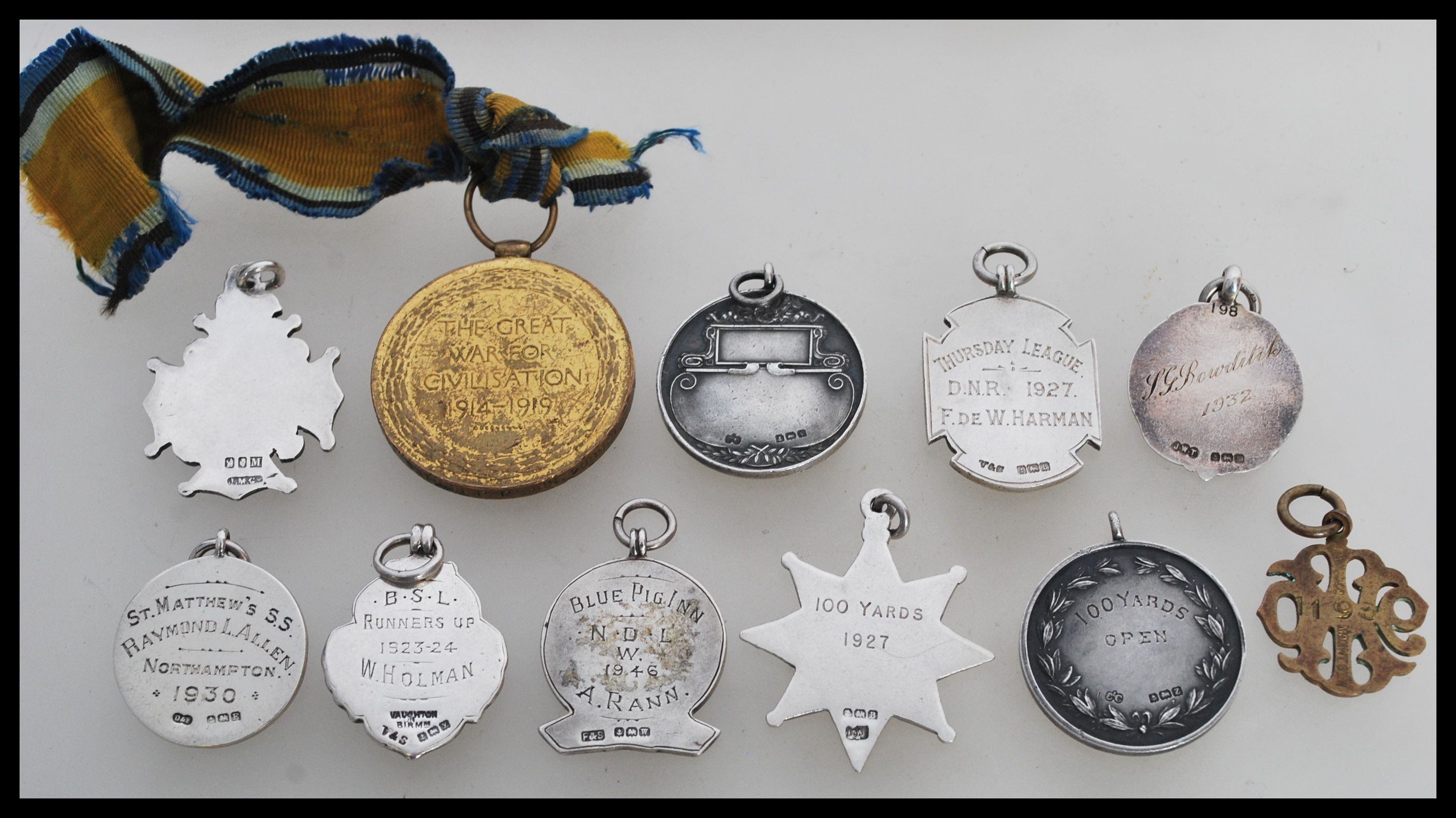 A group of nine silver hallmarked pocket watch albert chain fob medals along with a brass and enamel - Image 4 of 4