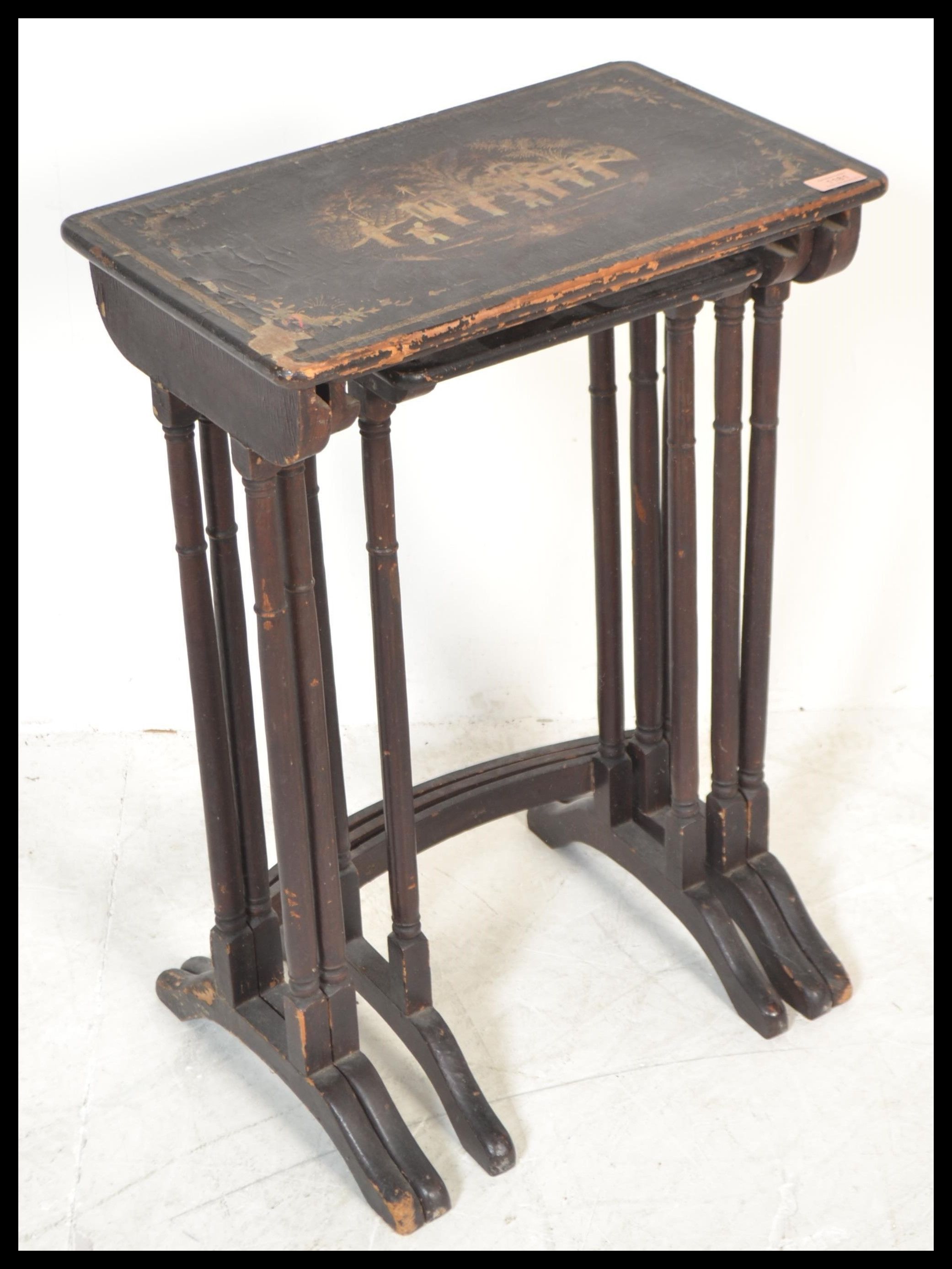 A 19th Century nest of three graduating Japanese silvered black lacquer tables, the tops with pagoda - Image 2 of 5