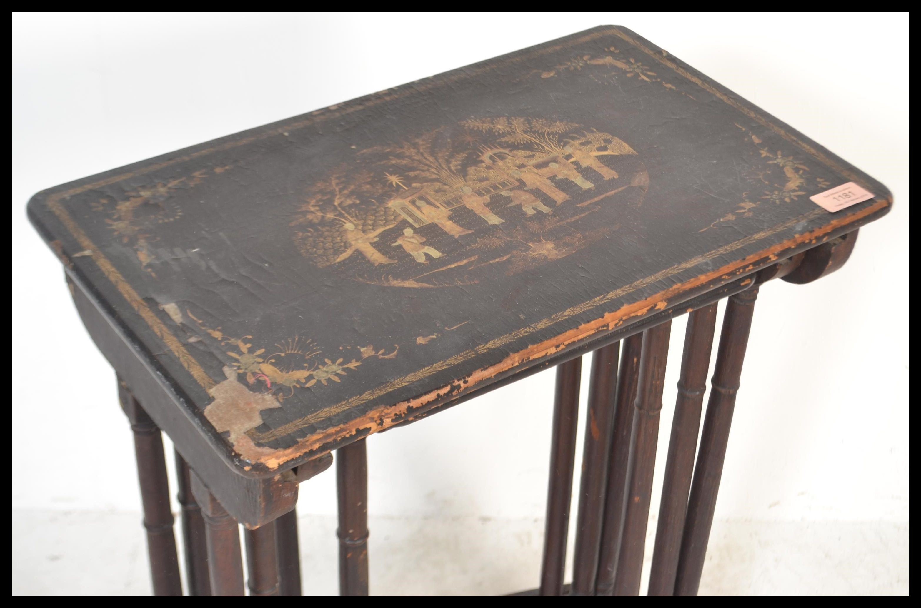 A 19th Century nest of three graduating Japanese silvered black lacquer tables, the tops with pagoda - Image 4 of 5