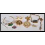 A group of 9ct gold and mostly yellow metal jewellery to include Chinese bracelet with jade panel,