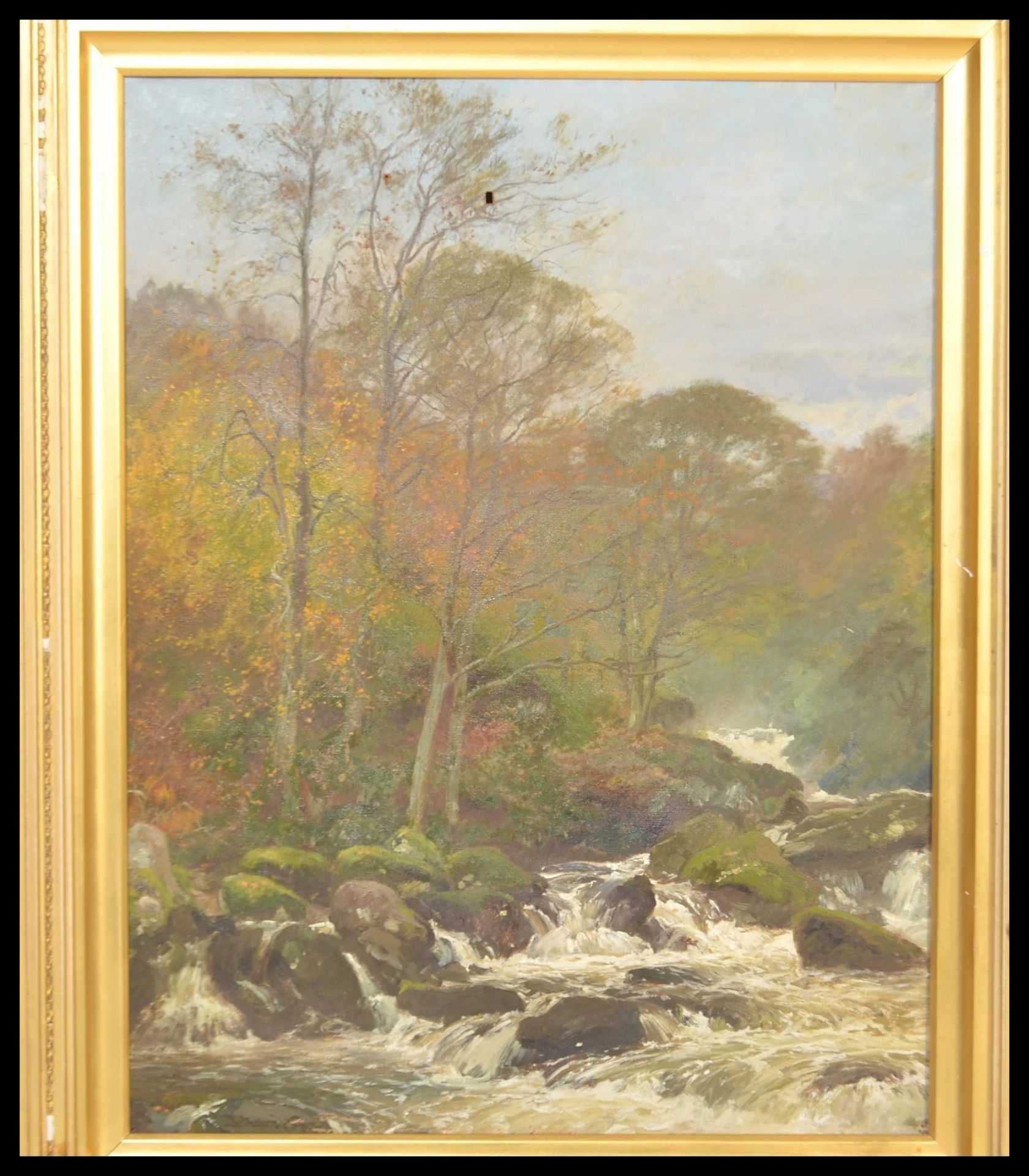 A 20th Century painting on canvas depicting a winter woodland scene with a river flowing over - Bild 2 aus 4