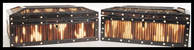 A pair of 19th Century Anglo Indian ebony and porcupine work boxes of sarcophagus form having