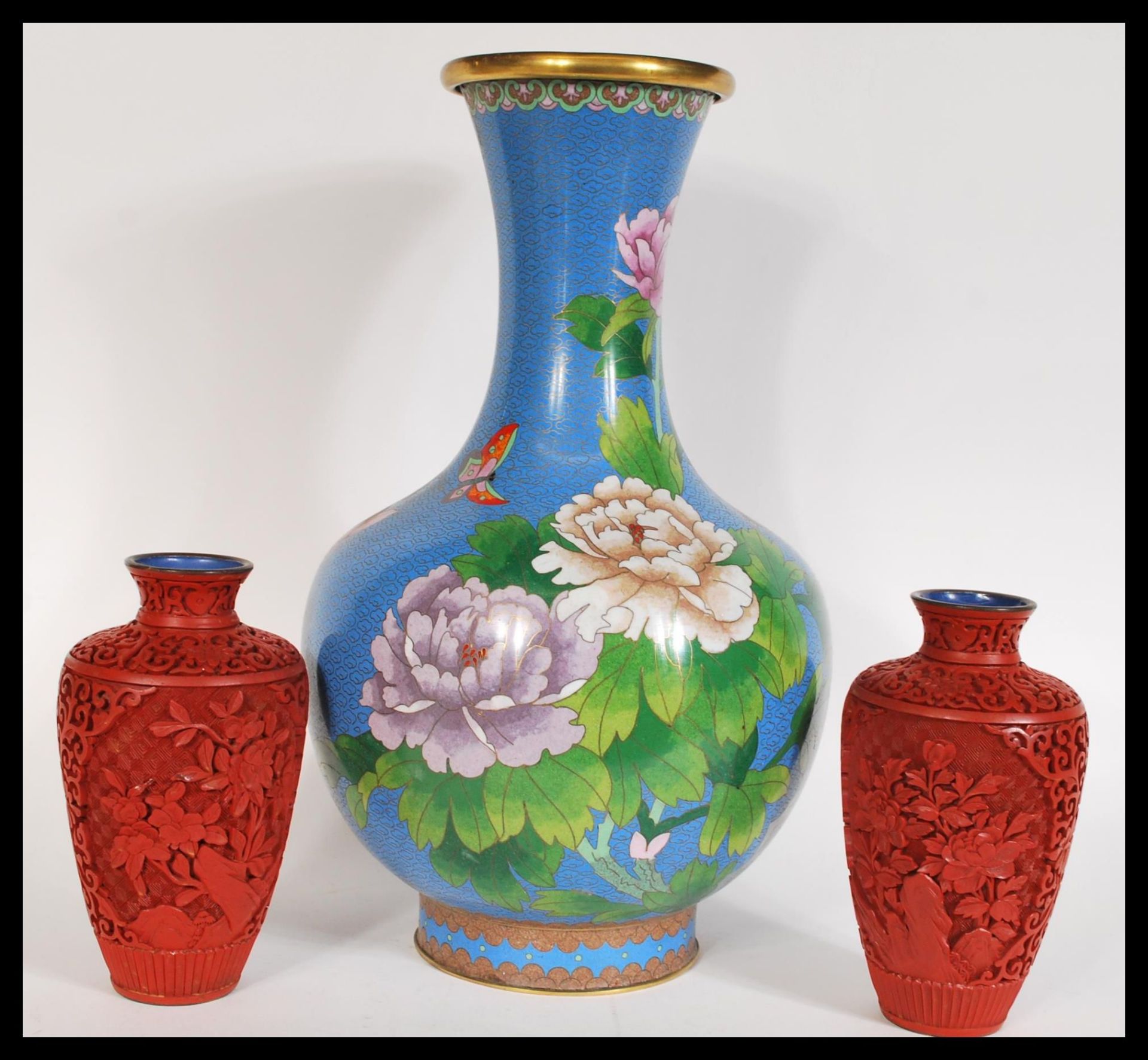 A 20th Century collection of Chinese items to a pair of Cinnabar lacquer baluster vases and a