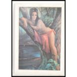 J H Lynch - A vintage retro framed print entitled the Woodland Goddess set to a white painted wooden