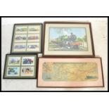 A collection of framed and glazed railwayana to include a map of the Caledonian Railway, Thomas