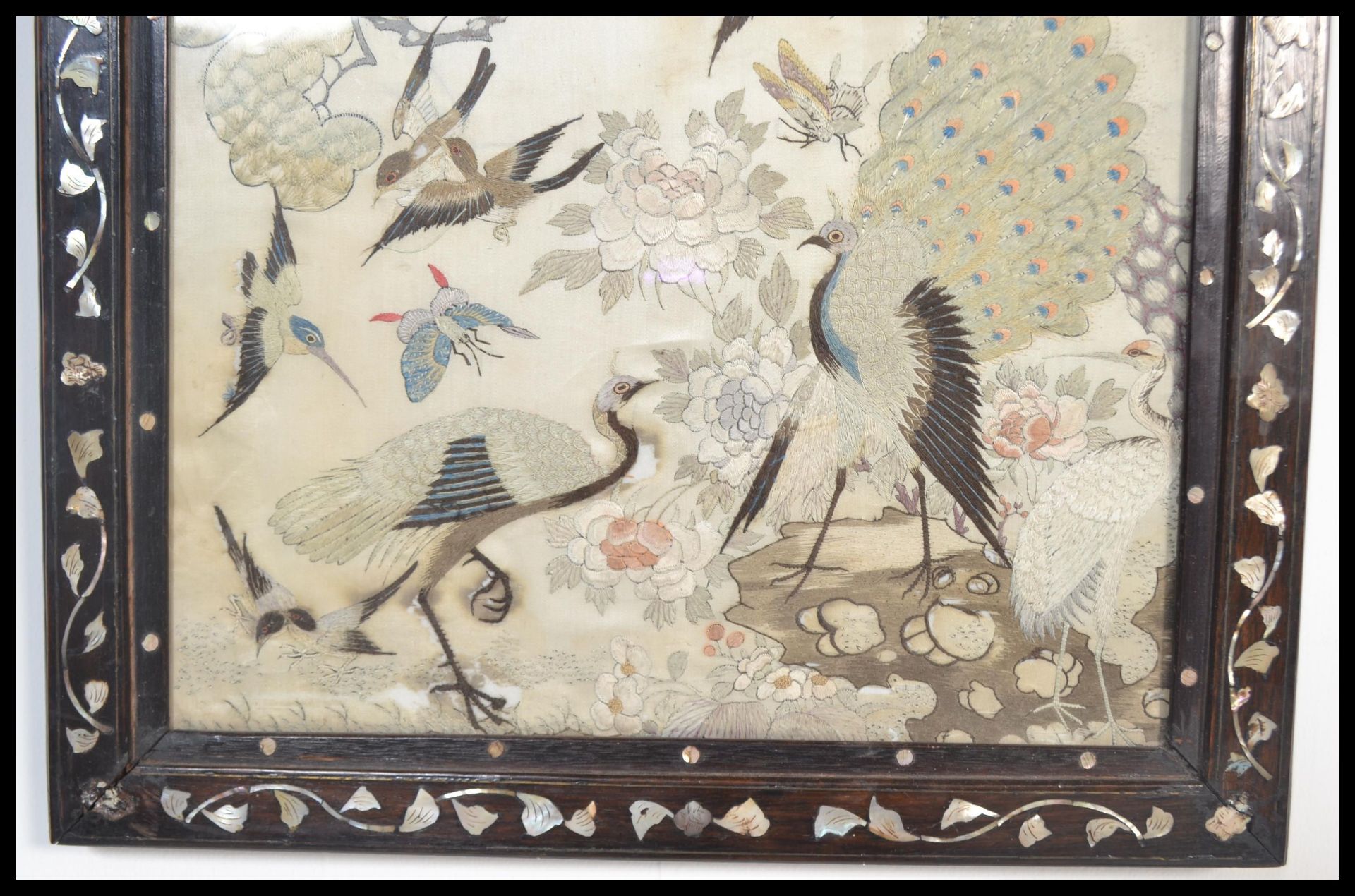 A 19th Century Chinese silk panel having intricate decoration of birds of paradise including - Bild 2 aus 5